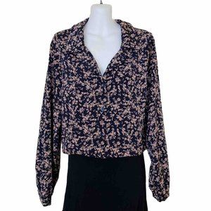 DailyStory Navy Blue Long Sleeve Cropped Blouse Button Shirt Beige Floral